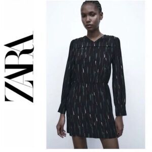 Zara The Gabriela Dress Abstract Printed Long Sleeve Short Mini Dress, Small